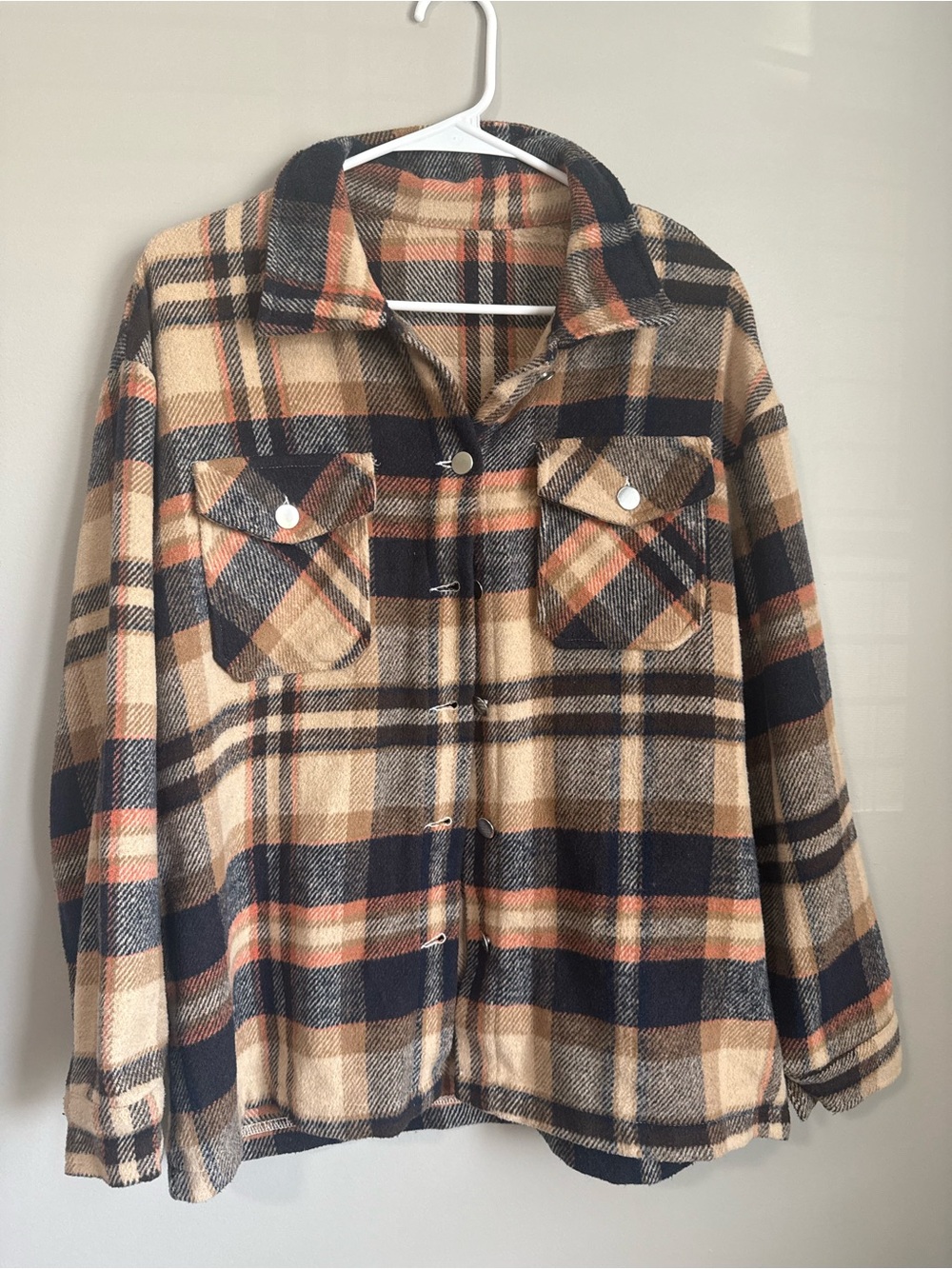 Plaid Button-Front Shacket Jacket - Beige Navy Size Small Shacket